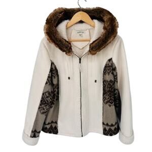 Orvis Faux Suede Sherpa Trim Faux Fur Trim‎ Coat Womens L White Brown Southwest